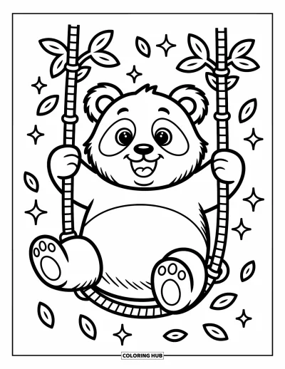 Panda-Ausmalbild für Erwachsene: Ein fröhlicher Panda hält sich an einer Bambusranke fest, umgeben von verspielten Blättern und funkelndem Glitzern