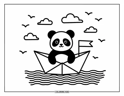 Panda-Ausmalbild für Erwachsene: Ein kleiner Panda segelt in einem Papierboot, umgeben von flauschigen Wolken, Vögeln und sanft kräuselndem Wasser