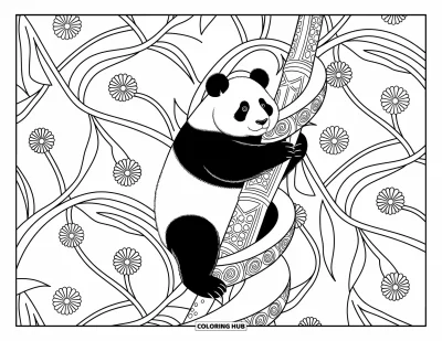 Panda-Ausmalbild für Erwachsene: Ein Panda klettert an einer kunstvollen Bambusspirale hinauf, umgeben von detaillierten Mustern und floralen Wirbeln