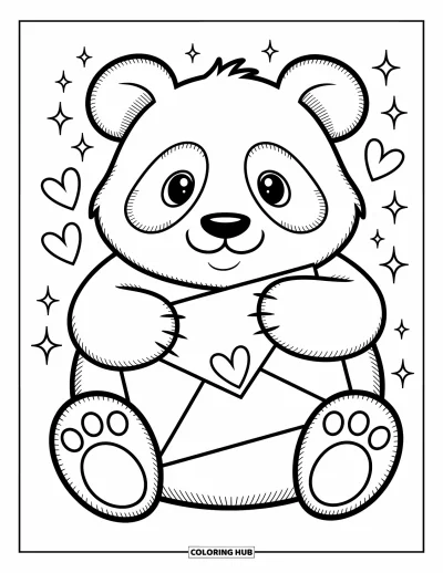 Panda-Ausmalbild für Erwachsene: Ein Panda hält einen großen Umschlag mit Herzstempel, während Papierherzen und Glitzern herumtanzen
