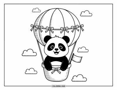 Panda-Ausmalbild für Erwachsene: Ein Panda hält eine kleine Fahne fest, während er in einem mit Schleifen verzierten Ballon zwischen Wolken schwebt