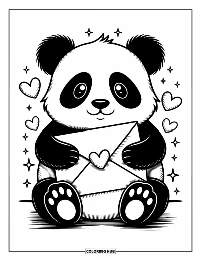 Panda-Ausmalbild für Erwachsene: Ein Panda hält einen Umschlag mit kleinem Herzstempel fest, während Papierherzen und Glitzern vorbeischweben