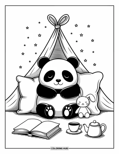 Panda-Ausmalbild für Erwachsene: Ein Panda rollt sich in einer kuscheligen Kissenburg ein, mit kleinem Hasen, Büchern und Sternen in der Nähe