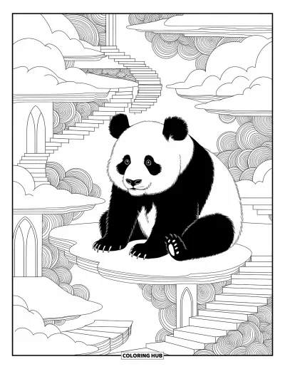 Panda-Ausmalbild für Erwachsene: Ein Panda treibt durch eine Traumlandschaft aus schwebenden Inseln, gewundenen Treppen und verborgenen Türen