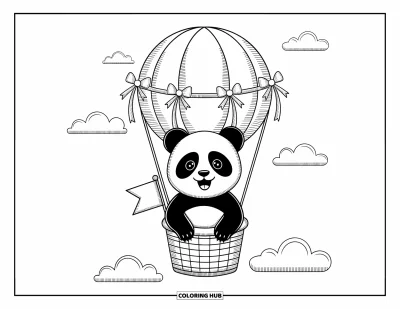 Panda-Ausmalbild für Erwachsene: Ein Panda genießt eine ruhige Fahrt im Heißluftballon und treibt zwischen flauschigen Wolken mit kleiner Fahne