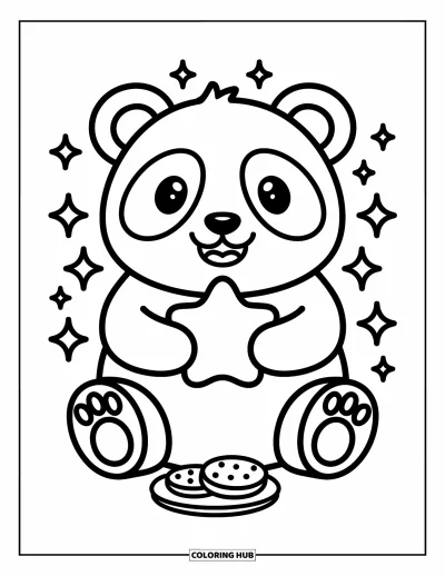 Panda-Ausmalbild für Erwachsene: Ein Panda genießt einen süßen Moment, hält einen großen Keks, während kleine Glitzerpunkte umherschweben