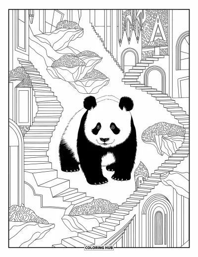Panda-Ausmalbild für Erwachsene: Ein Panda erkundet eine surreale Welt aus schwebenden Inseln, gewundenen Treppen und geheimen Türen