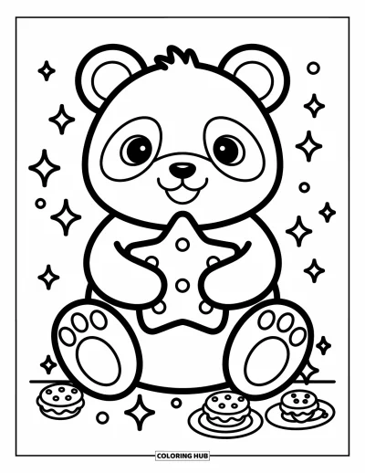 Panda-Ausmalbild für Erwachsene: Ein Panda hält freudig einen großen Keks, umgeben von Glitzern und einem Teller mit weiteren Leckereien