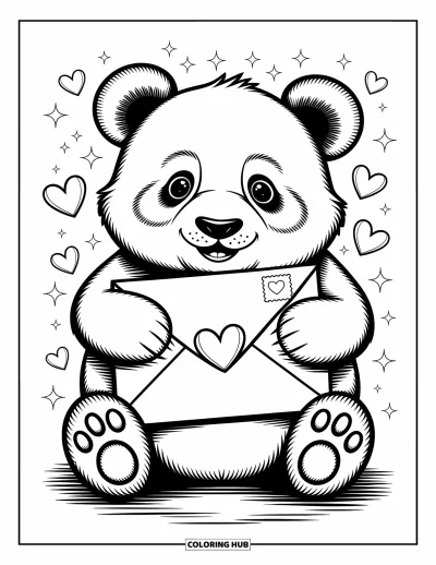Panda-Ausmalbild für Erwachsene: Ein Panda umarmt einen großen Umschlag mit Herzstempel, umgeben von schwebenden Herzen und Glitzern
