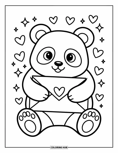 Panda-Ausmalbild für Erwachsene: Ein Panda umarmt einen großen Umschlag mit herzförmiger Briefmarke, umgeben von schwebenden Herzen und Glitzern