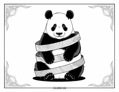 Panda-Ausmalbild für Erwachsene: Ein Panda ist von kunstvollen geometrischen Bändern umhüllt, deren feine Designs Harmonie ausstrahlen