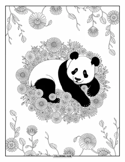 Panda-Ausmalbild für Erwachsene: Ein Panda liegt eingebettet in ein kunstvolles Geflecht aus Blumen und Ranken in friedlicher Szene