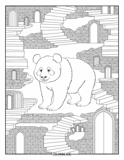 Panda-Ausmalbild für Erwachsene: Ein Panda ist von schwebenden Inseln, verspielten Treppen und detailreichen, traumhaften Mustern umgeben