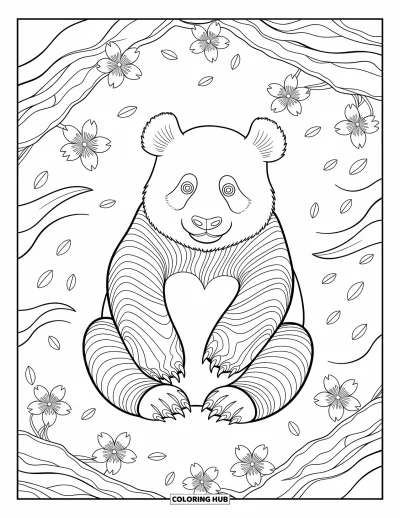 Panda-Ausmalbild für Erwachsene: Ein Panda ist von wirbelnden Windmustern und fallenden Kirschblüten in einer friedlichen Szene umgeben