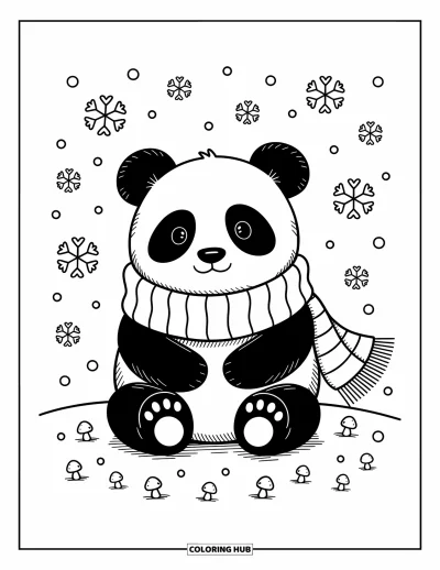 Panda-Ausmalbild für Erwachsene: Ein Panda ist warm in einen dicken Schal eingewickelt, kleine Schneeflocken verleihen winterlichen Zauber