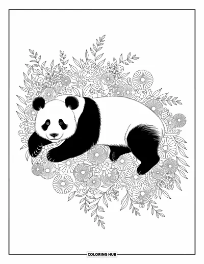 Panda-Ausmalbild für Erwachsene: Ein Panda liegt zwischen detailreichen Blumen und Ranken, umgeben von filigranen botanischen Mustern