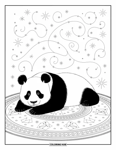 Panda-Ausmalbild für Erwachsene: Ein Panda liegt auf einem verzierten Teppich, umgeben von Himmelszeichen, Sternen und detailreichen Mustern