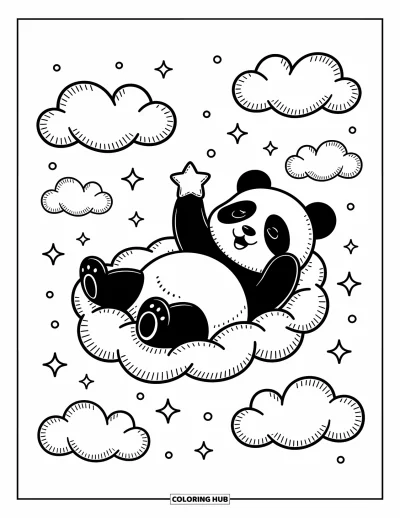 Panda-Ausmalbild für Erwachsene: Ein Panda liegt entspannt auf einer weichen Wolke und hält sanft einen kleinen Stern, während Glitzern schwebt