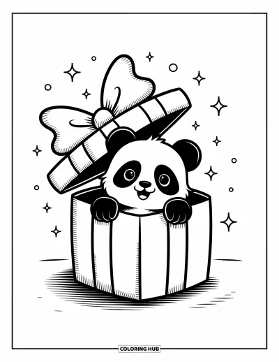 Panda-Ausmalbild für Erwachsene: Ein Panda schaut verspielt aus einer Geschenkbox, während Konfetti und Glitzern die Luft füllen