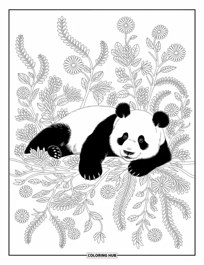 Panda-Ausmalbild für Erwachsene: Ein Panda entspannt zwischen wirbelnden Blumen und Ranken und bildet eine ruhige, detailreiche Komposition