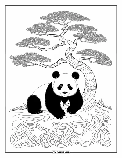 Panda-Ausmalbild für Erwachsene: Ein Panda entspannt unter einem Bonsaibaum, eingerahmt von eleganten Ranken und dekorativen Wirbeldetails