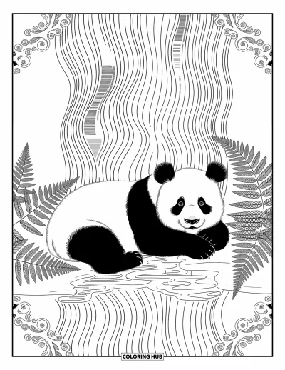 Panda-Ausmalbild für Erwachsene: Ein Panda entspannt unter einem Wasserfall, mit detailreichen Farnen und Wassermustern in ruhiger Szene