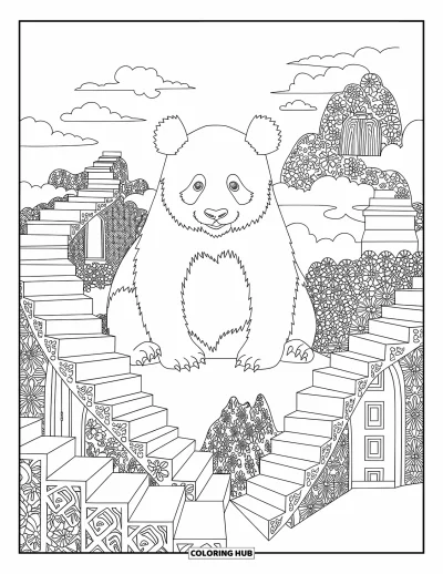 Panda-Ausmalbild für Erwachsene: Ein Panda ruht zwischen gewundenen Treppen und schwebenden Inseln in einer Szene voller verborgener Details