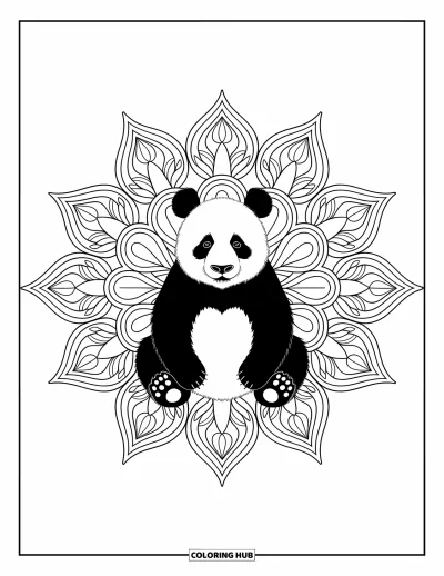Panda-Ausmalbild für Erwachsene: Ein Panda ruht unter einem detailreichen Bonsaibaum, dessen gedrehte Äste eine friedliche, kunstvolle Szene bilden