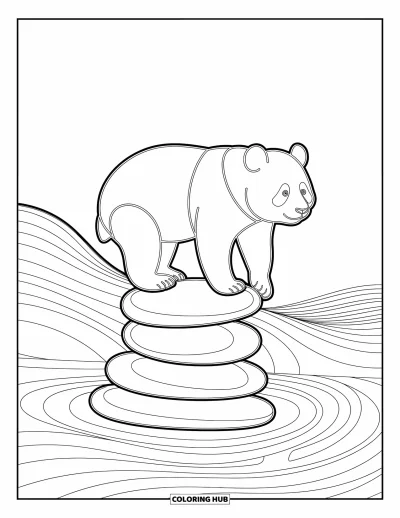 Panda-Ausmalbild für Erwachsene: Ein Panda ruht auf einem Stapel Steine, während sanfte Wellen eine ruhige und entspannende Atmosphäre schaffen