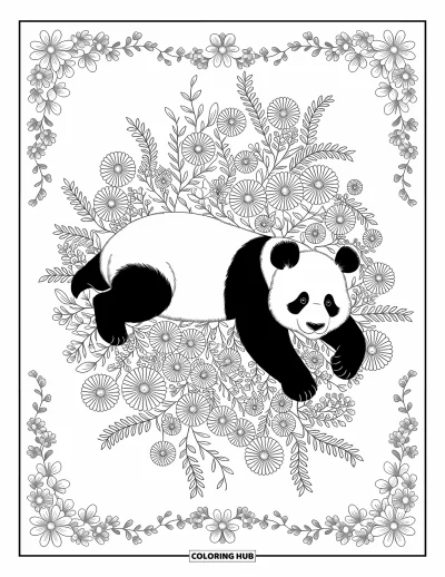 Panda-Ausmalbild für Erwachsene: Ein Panda ruht in einem floralen Musterteppich, mit feinen Ranken und Blüten in kunstvollem Design