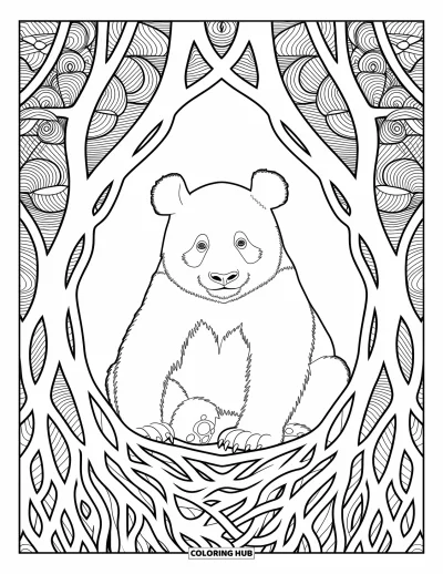 Panda-Ausmalbild für Erwachsene: Ein Panda ruht in einem kunstvollen Rahmen aus verflochtenen Baumwurzeln, umgeben von eleganten Wirbelmustern