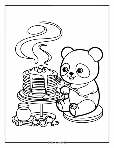 Panda-Ausmalbild für Erwachsene: Ein Panda sitzt an einem kleinen Tisch, hält eine Gabel und blickt auf einen hohen Pfannkuchenstapel