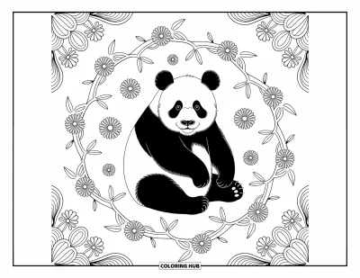 Panda-Ausmalbild für Erwachsene: Ein Panda sitzt im Zentrum eines Mandalas aus ineinander verschlungenen Ranken und blühenden Blumen