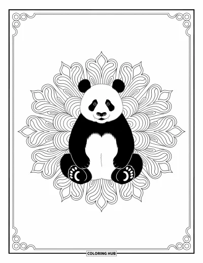 Panda-Ausmalbild für Erwachsene: Ein Panda sitzt im Zentrum eines kunstvollen Mandalas, umgeben von wirbelnden Blumenmustern