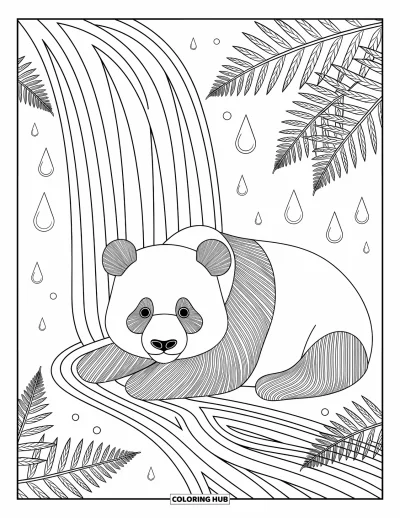 Panda-Ausmalbild für Erwachsene: Ein Panda sitzt ruhig unter einem Wasserfall, umgeben von zarten Farnen und fließendem Wasser