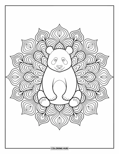 Panda-Ausmalbild für Erwachsene: Ein Panda sitzt ruhig in einem eleganten Mandala, umgeben von filigranen wirbelnden Blumenmustern