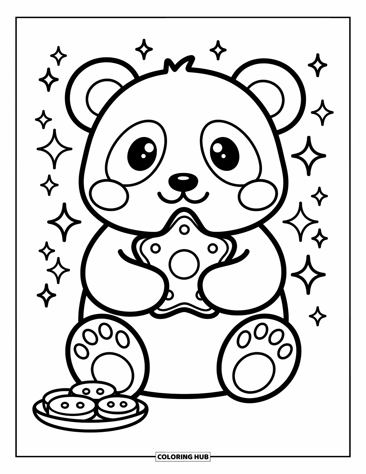 Panda Kleurplaat voor Volwassenen: Een panda zit vrolijk en houdt met beide poten een stervormige koek vast, omringd door glitters en lekkernijen