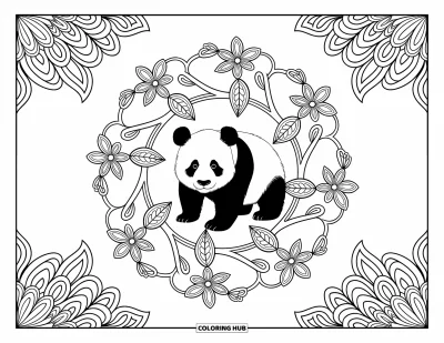 Panda-Ausmalbild für Erwachsene: Ein Panda sitzt in der Mitte eines eleganten Mandalas aus verflochtenen Ranken und Blumen