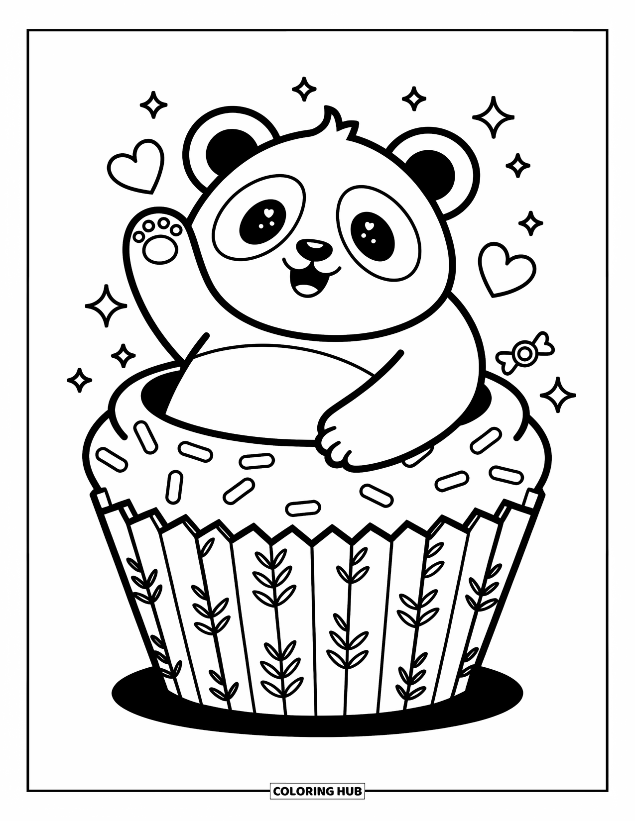 Panda Kleurplaat voor Volwassenen: Een panda zit in een cupcake en steekt een poot op terwijl hij omringd is door kleine hartjes, snoepjes en glitters