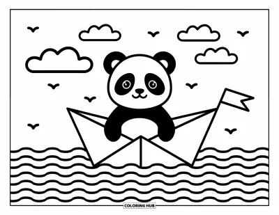 Panda-Ausmalbild für Erwachsene: Ein Panda sitzt in einem Papierboot, hält eine kleine Fahne und treibt friedlich auf sanften Wellen