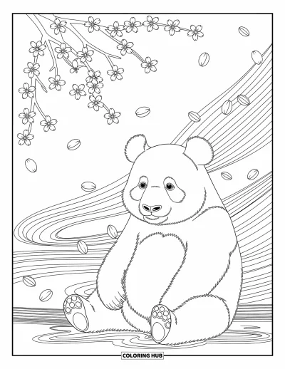 Panda-Ausmalbild für Erwachsene: Ein Panda sitzt friedlich da, während Kirschblüten um ihn schweben und von zarten Winden getragen werden