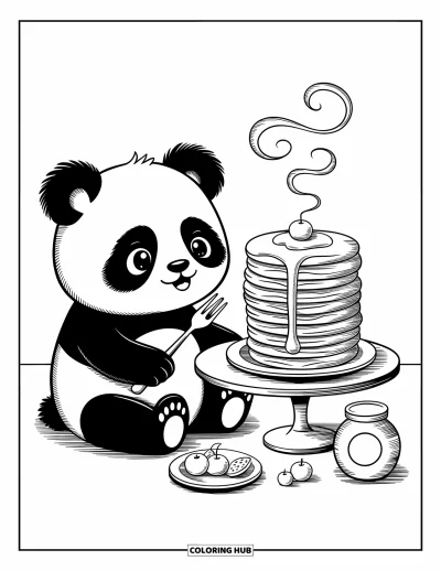 Panda-Ausmalbild für Erwachsene: Ein Panda sitzt mit einer Gabel bereit da, um einen fluffigen Pfannkuchenstapel mit Honig und Obst zu genießen