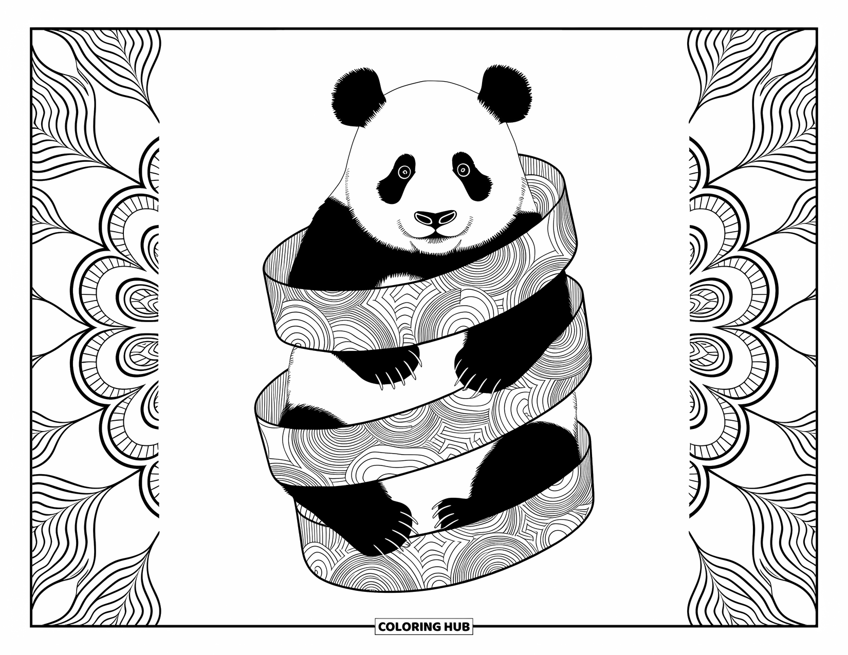 Panda Kleurplaat voor Volwassenen: Een panda zit in vloeiende geometrische linten, omringd door gedetailleerde patronen en artistieke symmetrie