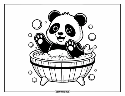 Panda-Ausmalbild für Erwachsene: Ein Panda planscht in einer Wanne voller Schaumblasen, umgeben von schwebenden Blasen und einer kleinen Gummiente