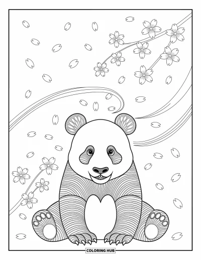 Panda-Ausmalbild für Erwachsene: Ein Panda steht zwischen treibenden Kirschblüten, während wirbelnde Windmuster anmutige Bewegung schaffen