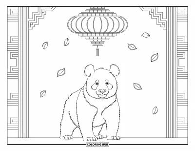 Panda-Ausmalbild für Erwachsene: Ein Panda steht unter einer verzierten Laterne, umgeben von schwebenden Blütenblättern und feinen Wirbelmustern