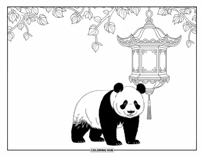 Panda-Ausmalbild für Erwachsene: Ein Panda steht unter einer verzierten Laterne, umgeben von Wirbelmustern und eleganten schwebenden Blütenblättern