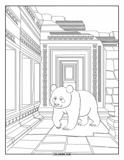 Panda-Ausmalbild für Erwachsene: Ein Panda spaziert durch alte Tempelruinen, umgeben von kunstvollen Steinornamenten und eleganten Mustern