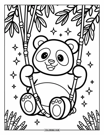 Panda-Ausmalbild für Erwachsene: Ein Panda schwingt sanft an einer Bambusranke und genießt den Moment, während kleine Blätter und Glitzern tanzen