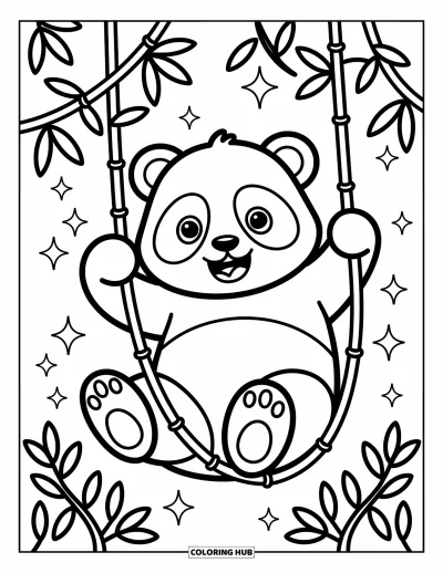 Panda-Ausmalbild für Erwachsene: Ein Panda schwingt fröhlich an einer Bambusranke, mit schwebenden Blättern und Glitzern für noch mehr Spaß